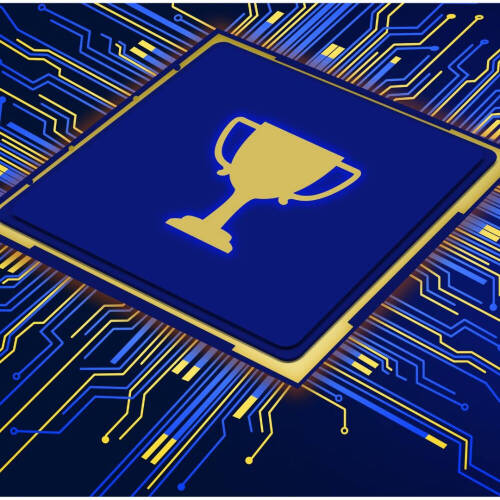 A graphic consisting of blue and yellow colors with a trophy symbol in the middle.